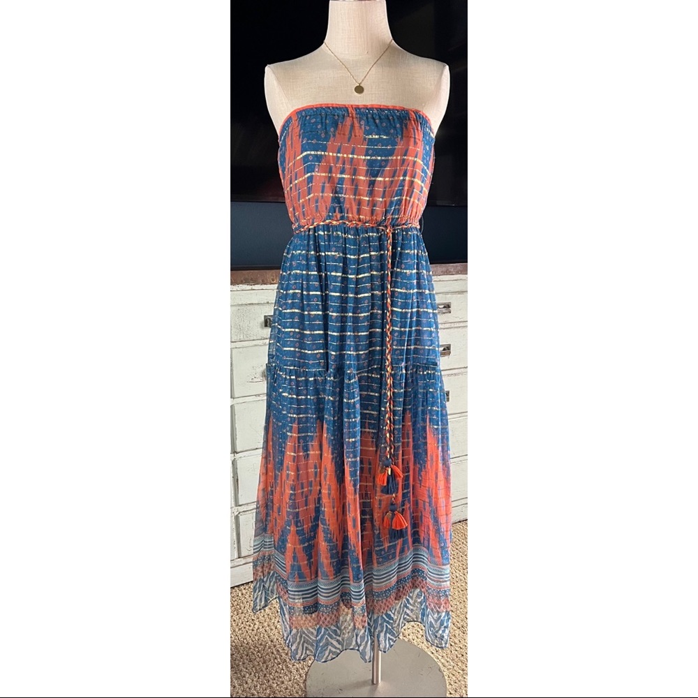 Anthropologie Blue and Orange Maxi Dress